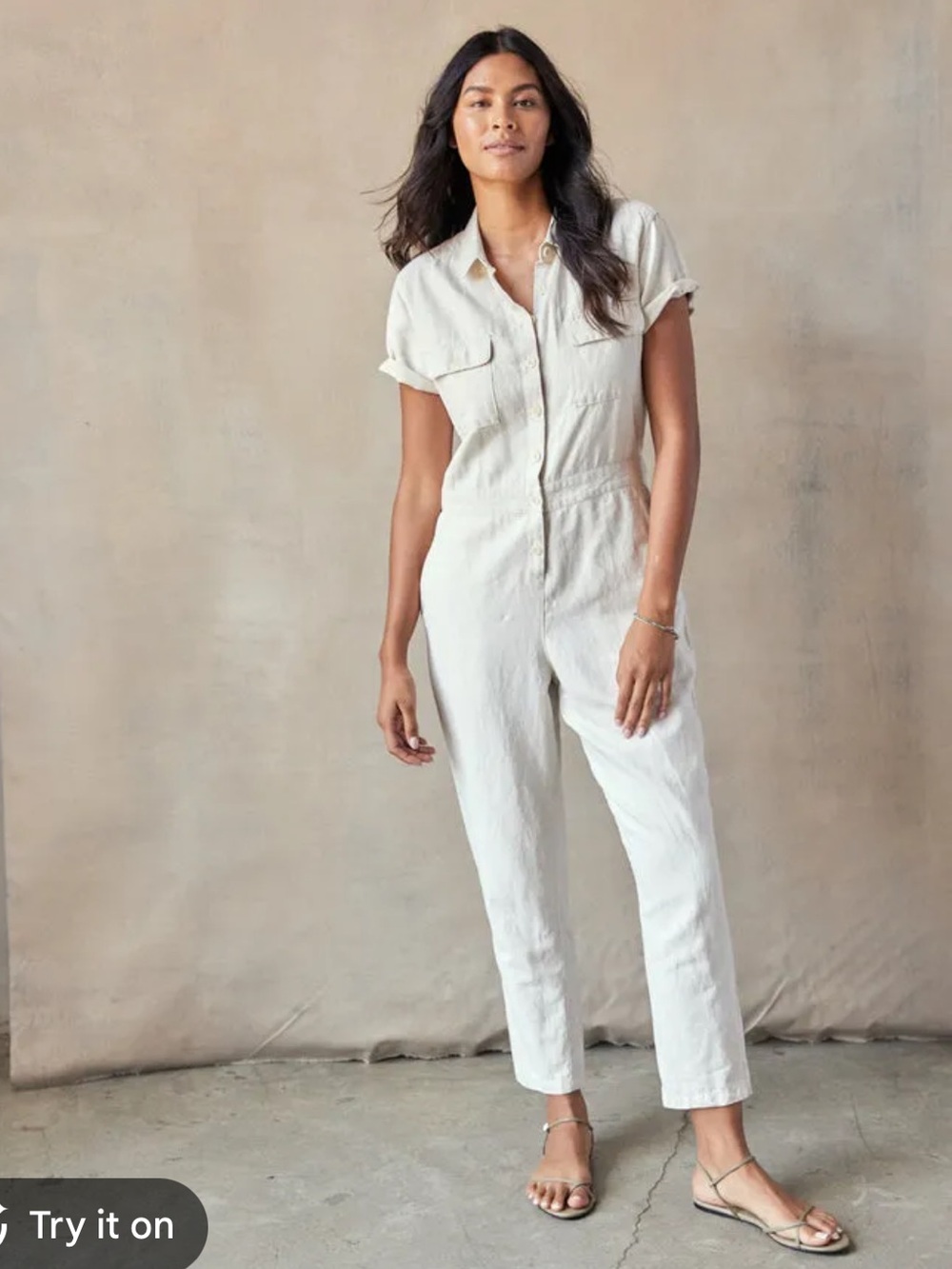 Outerknown Cream Short Sleeve Button-Front SEA Jumpsuit size medium